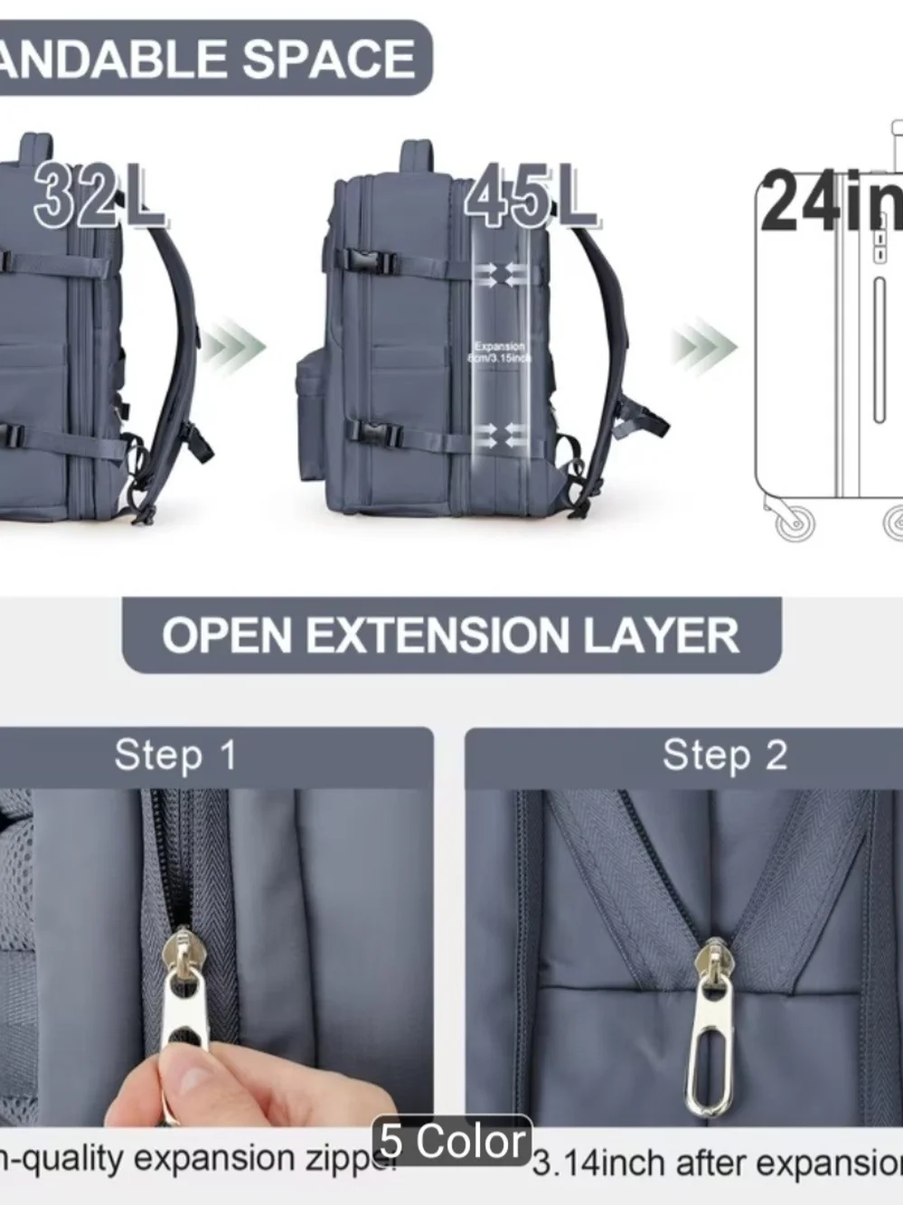 Expandable Grey Travel Backpack - 32L/45L